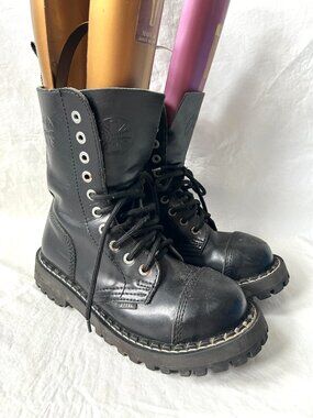 Steel combat boots black leather cap toe EU 38 US 7.5 womens lace up chunky punk